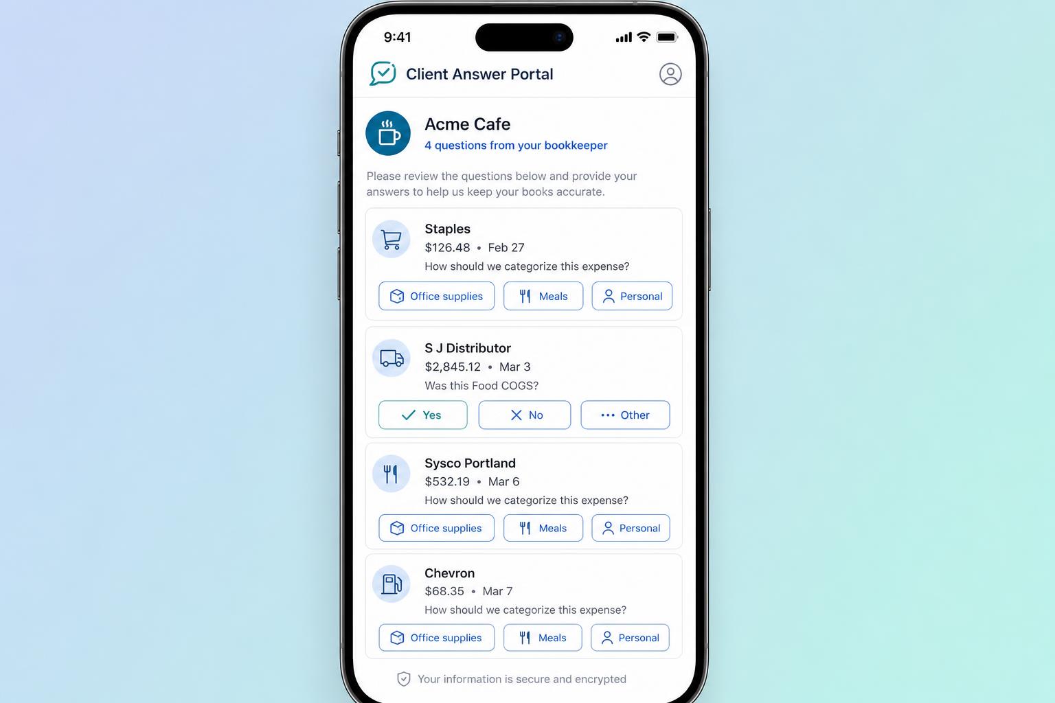 Mobile client answer portal with tap-to-answer category buttons